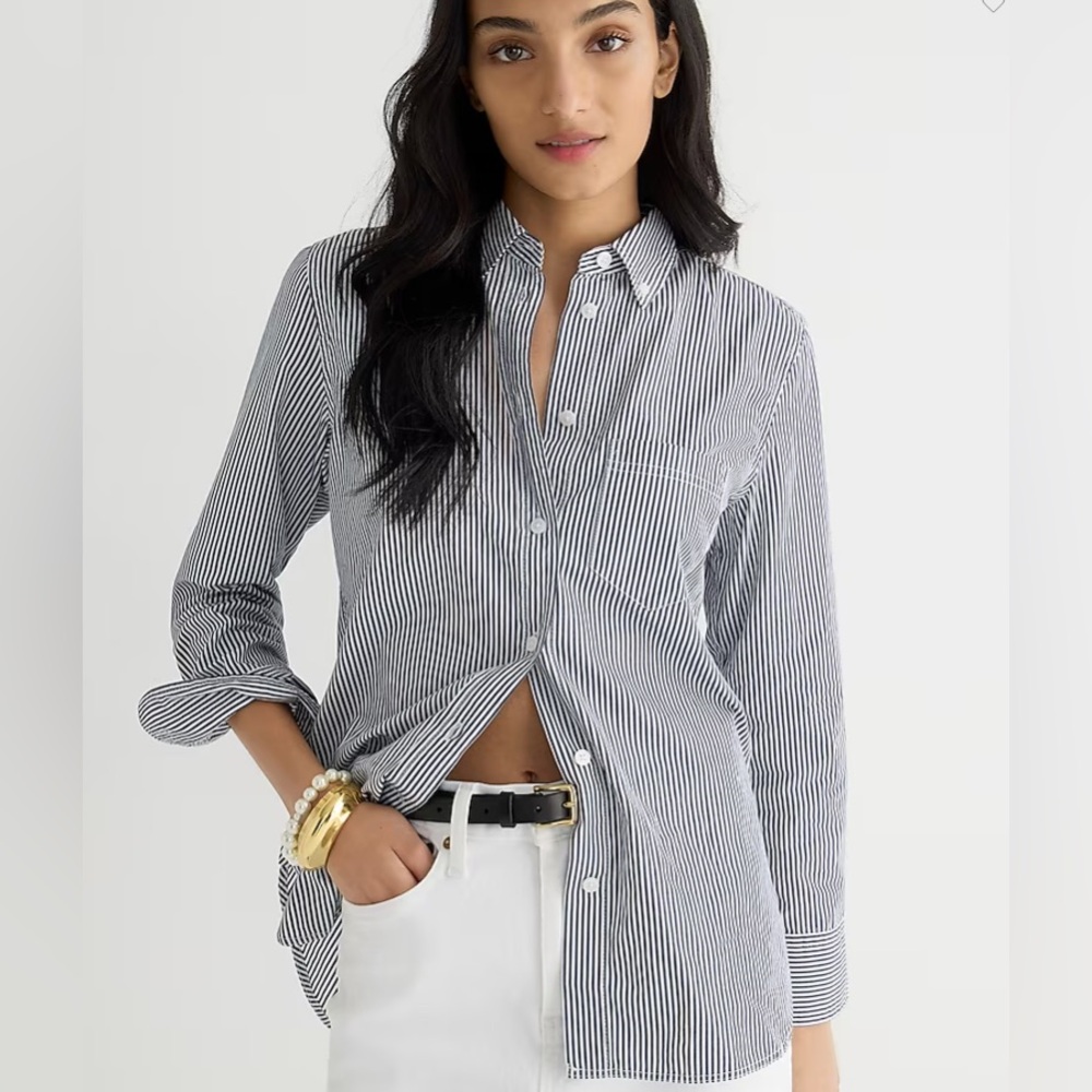 J.Crew Women’s Classic Fit Poplin Striped Button Down Shirt Navy White Size 2